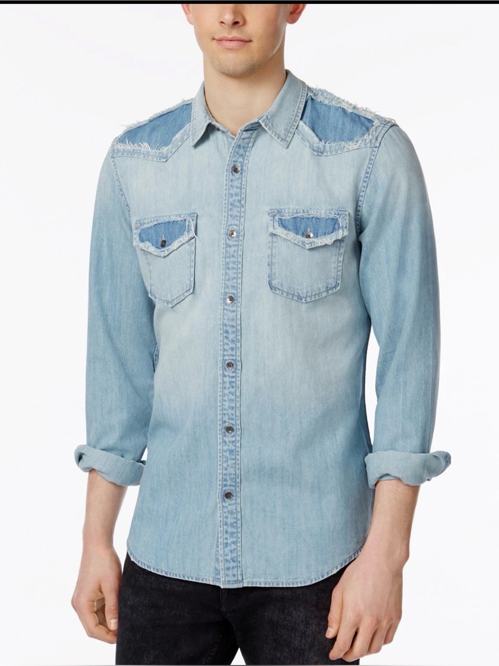 Guess Men's Maverick-Wash Slim Western Denim Shirt